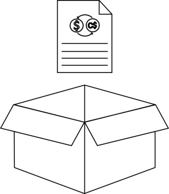 Açık bir karton kutunun üzerinde asılı duran döviz borsası, basit bir sanat tarzında finansal işlemleri, nakliyeyi veya uluslararası ticareti sembolize eder.