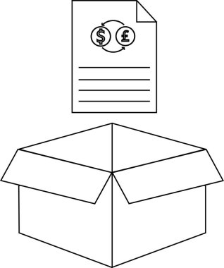 Açık bir karton kutunun üzerine yerleştirilmiş para birimi belgesini gösteren siyah beyaz bir illüstrasyon, mali işlemleri veya uluslararası ticareti sembolize ediyor.