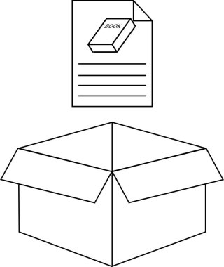 Üzerinde açık bir kutunun üzerinde kitap olan bir belgeyi gösteren siyah beyaz bir illüstrasyon. Görüntü basit ve net..