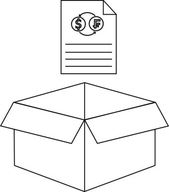 Açık bir karton kutunun üzerine para birimi sembolleri olan bir belge, mali işlemleri veya nakliye maliyetlerini öneriyor.