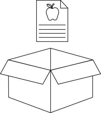 Elma simgesi olan bir belge, açık bir karton kutunun üzerine yerleştirilir ve basit ama sembolik bir resim oluşturur..