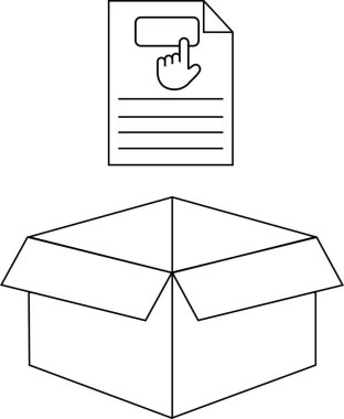 Açık bir karton kutunun üzerinde el simgesi olan bir belgenin basit bir siyah beyaz çizgi çizimi, ambalaj ile ilgili talimatlar veya bilgiler sunar.