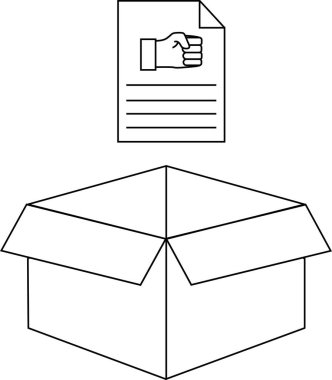 Açık bir karton kutunun üzerinde yumruk simgesi olan bir belgenin basit bir siyah-beyaz çizimi, teslimat veya talimat kavramlarını iletiyor..