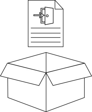 Giriş simgesine sahip bir belge açık bir karton kutunun üzerine yerleştirilir, basit çizgi çizimi.
