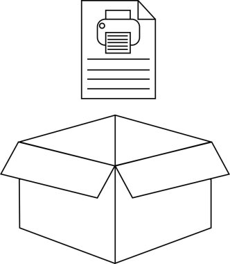 Açık bir karton kutunun üzerinde yazıcı simgesi olan bir belgenin basit bir satır çizimi, yazdırma ve paketleme önerisi.