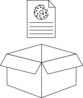 Açık bir kutunun üzerindeki çörek tarifi kağıdının basit bir siyah beyaz çizimi, yemek pişirme veya yemekle ilgili projeler için mükemmel..