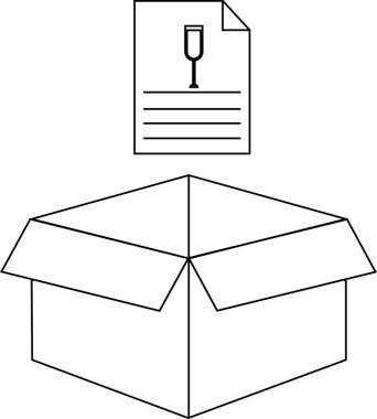 Üzerinde kırılgan bir madde uyarı etiketi olan açık bir karton kutunun basit bir çizgi çizimi,.