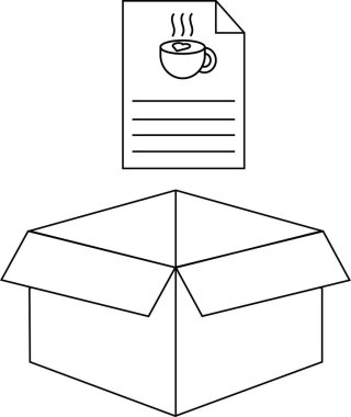Üzerinde kahve tarifi olan açık bir kutunun basit siyah beyaz çizimi..