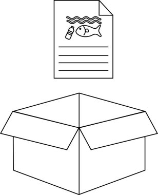 Üzerinde okyanus kirliliğini bir balık ve plastik şişeyle tasvir eden açık bir kutunun basit bir siyah beyaz çizimi..