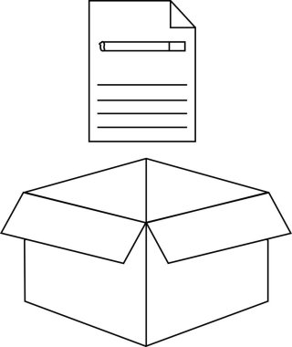 Üzerinde bir belge yüzen açık bir kutuyu gösteren basit bir siyah beyaz illüstrasyon. Belgede satır ve başlık için boşluk var.