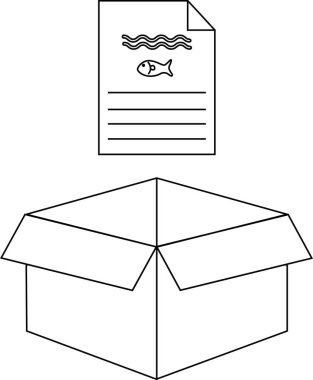 Açık bir kutunun üzerinde balık olan bir belgenin basit bir siyah beyaz çizimi..