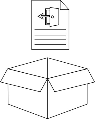 Açık bir karton kutunun üzerine yerleştirilmiş bir kullanma kılavuzunun basit bir siyah-beyaz çizimi derleme veya kılavuz kullanma önerisi.