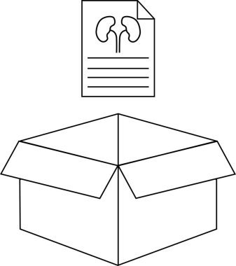 Açık bir karton kutunun üzerinde, sağlık bilgilerini veya organ bağışını simgeleyen bir böbrek ikonu bulunan bir tıbbi rapor asılı duruyor..