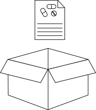 Açık bir karton kutunun üzerindeki ilaç reçetesinin basit bir siyah beyaz çizimi, teslimat veya depolama önerisi.