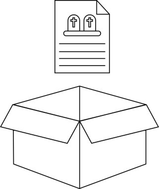 Üzerinde belge olan açık bir kutunun satır çizimi, belgede mezar taşları yer alıyor.