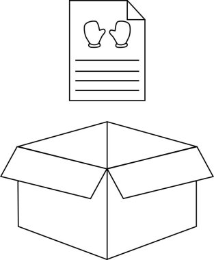 Üzerinde eldiven resmi olan açık bir kutu, basit bir siyah beyaz çizgi çiziminde..
