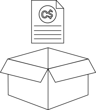 Üzerinde Kanada Doları faturası ya da faturası olan açık bir karton kutunun basit bir çizgisi çizimi, masrafları ya da harcamaları öneriyor..