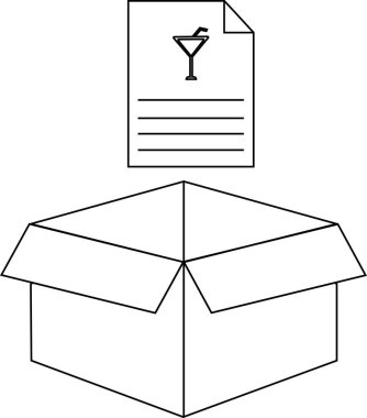 Üzerinde kokteyl tarifi olan açık bir kutunun basit bir çizimi bir teslimat ya da hediye olduğunu gösteriyor..