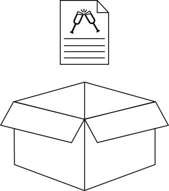 Üzerinde davetiye olan açık bir kutu. Kutlama ya da etkinliği simgeliyor. Basit siyah beyaz çizgi sanatı.