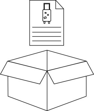Üzerinde paket listesi olan açık bir kutu, basit bir siyah beyaz çizgi çizimi ile sunulan seyahat hazırlığı ve organizasyonunu öneriyor..