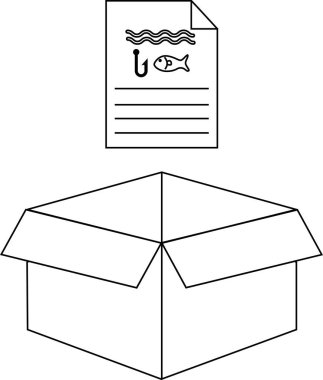 Üzerinde balık tutma talimatları, kanca ve balık illüstrasyonları olan açık bir karton kutu gösteriliyor..