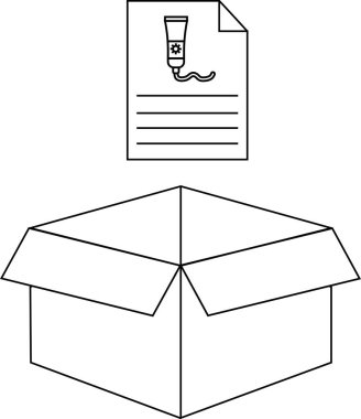 Üzerinde talimatların olduğu açık bir karton kutu tasviri. Basit siyah beyaz çizgili sanat eseri..