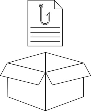 Açık bir kutunun üzerinde asılı duran kanca ikonlu bir belge sahte saldırıları ve çevrimiçi dolandırıcılık ve veri ihlallerinin potansiyel tehlikelerini simgeliyor..