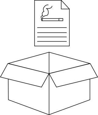 Açık bir karton kutunun üzerinde sigara içilmez tabelasının siyah beyaz çizimi, sağlık yönetmeliklerini simgeliyor..