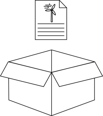 Açık bir karton kutunun üzerinde rüzgar türbini sembolü olan sürdürülebilir enerji çözümleri ve ambalajı temsil eden bir belgenin tasviri.