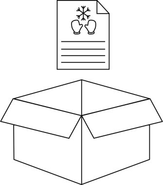 İçinde kışlık kıyafet, eldivenler ve kar taneleri olan bir kutunun çizimi..