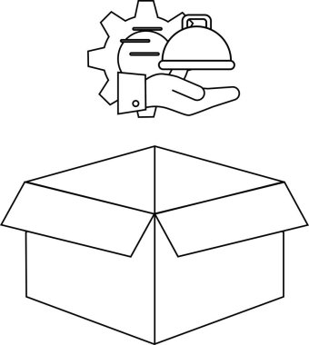 Açık dağıtım kutusunun üzerinde bir yemek servisi simgesinin yer aldığı bir minimalist çizgi çizimi, iş ve hizmet ile ilgili tasarımlar için idealdir.