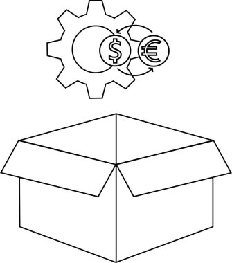 Üstünde bir teçhizat, dolar ve avro sembolleri olan açık bir kutu tasviri, iş ve finans sektörünü temsil ediyor..