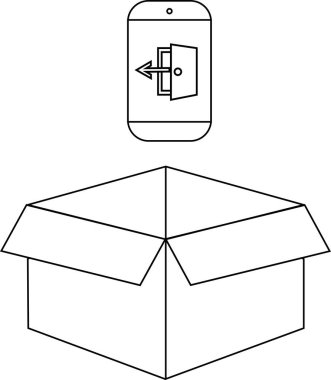 Açık bir kutunun basit bir çizgisi ve çıkış simgesini gösteren bir telefon çizimi, dağıtım veya uygulama özellikleri gibi kavramlar öneriyor.