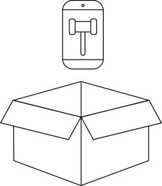 Açık bir karton kutunun üstündeki açık artırma uygulamasının tasviri online teklif ve teslimatı sembolize ediyor..
