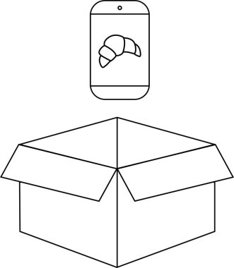Bir kruvasan simgesini gösteren akıllı telefon açık bir karton kutunun üzerinde asılı duruyor, çevrimiçi yemek siparişini ve teslimat hizmetlerini sembolize ediyor..