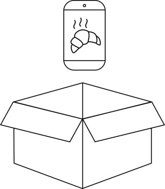 Açık bir karton kutunun üzerinde kruvasan simgesi gösteren akıllı bir telefonu gösteren basit bir çizim çizgisi çizimi, yemek dağıtım uygulaması kavramını temsil ediyor..