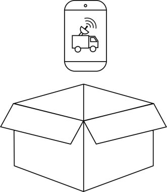 Açık bir karton kutunun üstündeki akıllı telefondaki bir dağıtım takip uygulamasının çizgi çizimi paket izleme ve teslimat hizmetlerini sembolize ediyor..