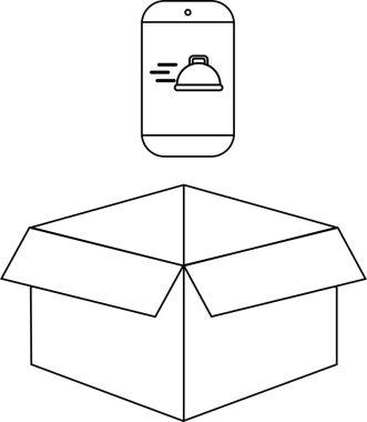 Açık bir karton kutunun üzerinde yiyecek dağıtım uygulaması simgesi olan akıllı bir telefon ile çevrimiçi yemek siparişini ve teslimat hizmetlerini sembolize eden minimalist bir çizgi çizimi..