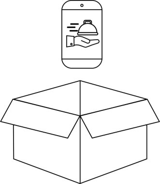 Açık bir kutunun üzerinde çevrimiçi sipariş ve dağıtım hizmetlerini temsil eden bir yemek dağıtım uygulaması tasviri.