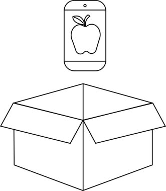 Basit bir çizgi, açık bir karton kutunun üzerine yerleştirilmiş bir elma logosu olan akıllı bir telefonu tasvir eder..