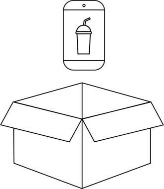 Çevrimiçi sipariş ve dağıtım hizmetlerini temsil eden, açık bir dağıtım kutusunun üzerinde içecek siparişi gösteren mobil bir uygulama tasviri.