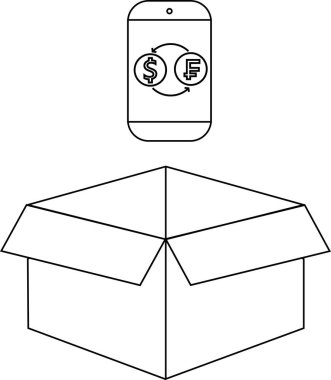 Açık bir karton kutunun üzerinde döviz döviz simgelerini gösteren basit bir cep telefonu çizimi, mali işlemleri veya teslimatı öneriyor.