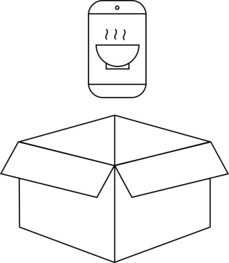 Açık teslimat kutusunun üzerinde yemek siparişi veren bir uygulamayı gösteren bir akıllı telefon tasviri, çevrimiçi yemek siparişi ve teslimat hizmetlerini temsil eden.