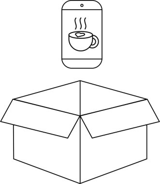 Açık bir karton kutunun üzerinde kahve ikonu gösteren bir telefon çizimi teslimatı veya uygulama bazlı sipariş önerisi.
