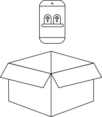 Mezar taşı simgesini gösteren bir akıllı telefon açık bir karton kutunun üzerinde gezinerek sembolik bir resim oluşturur.