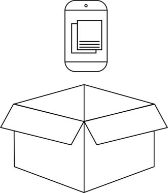 Açık bir karton kutunun üzerine yerleştirilmiş akıllı bir telefonun basit bir çizimi teknolojiyi, teslimat hizmetlerini ve online alışveriş hizmetlerini sembolize ediyor..