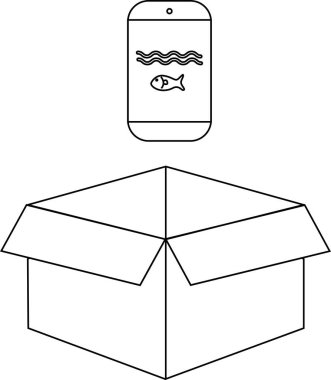 Açık bir kutunun üzerinde balık uygulaması olan akıllı bir telefon dijital balık konseptini gösteriyor..