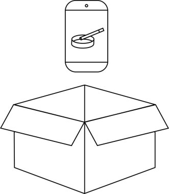 Açık bir karton kutunun üstündeki kül tablasında sigara sergilenen akıllı bir telefonun basit bir çizimi, teslimat veya nakliye kavramlarını resmetmek için uygundur..