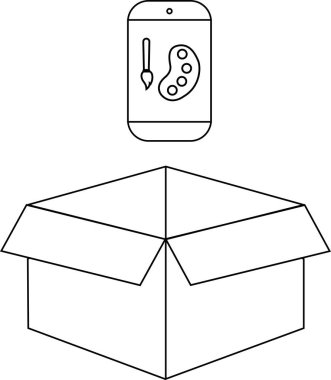 Bir akıllı telefon açık bir karton kutunun üzerinde asılı duran bir sanat uygulamasını basit bir satırda resmediyor..