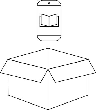 Açık bir karton kutunun üzerine yerleştirilmiş bir kitap simgesini gösteren bir akıllı telefon çizimi, dijital içerik dağıtımını öneriyor..